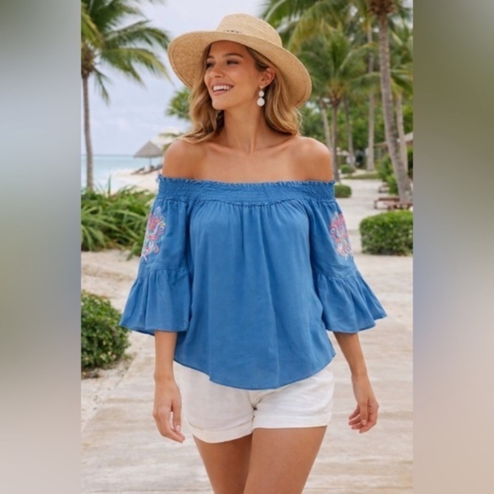 LILLY PULITZER Moira Off The Shoulder Top In Bennet Blue Size Medium